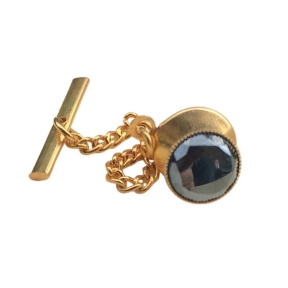 Vintage Gold Tone Tie Tack With Black Stone - Picture 1 of 5